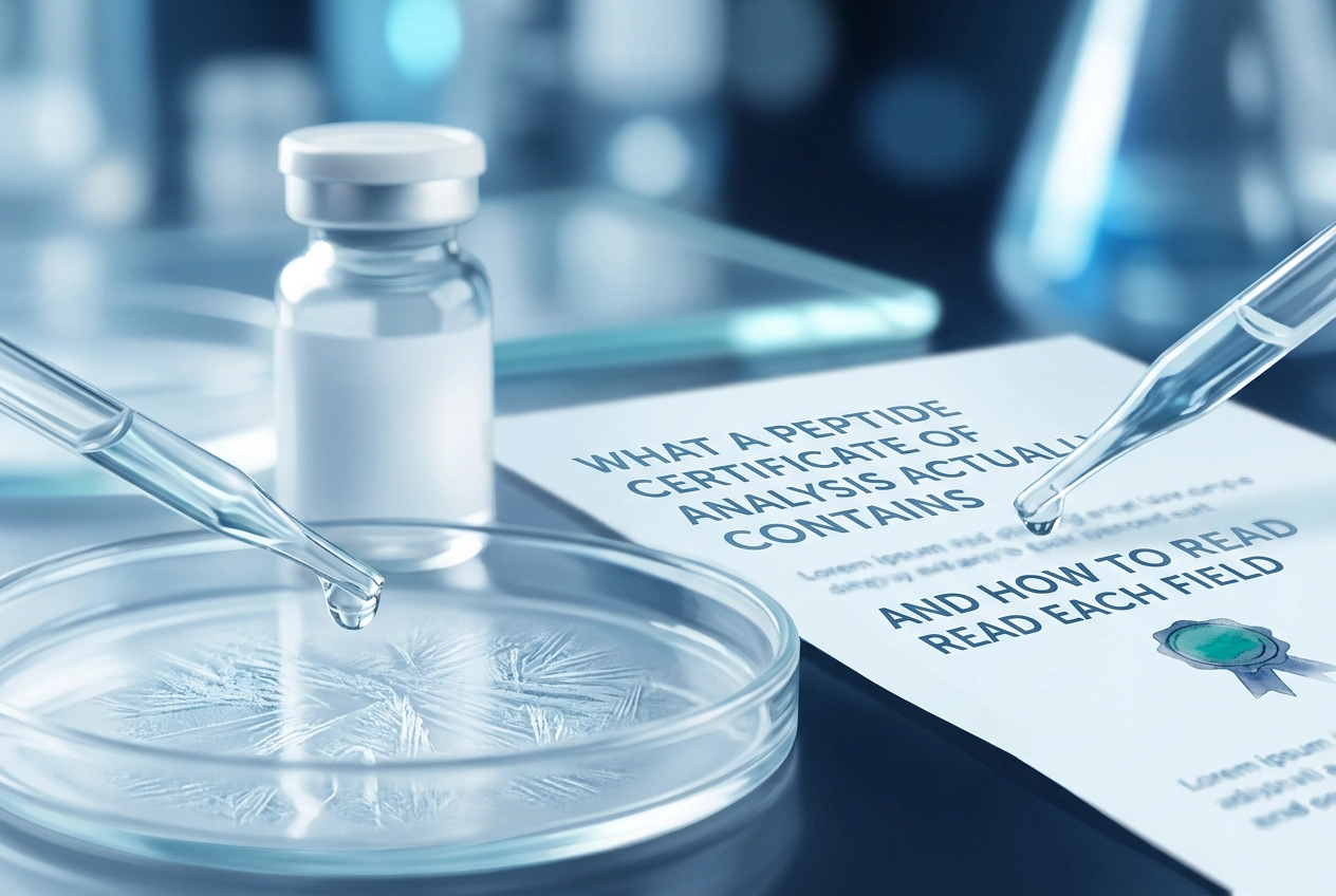 Professional header image for educational tutorial: What a Peptide Certificate of Analysis Actually Contains ...