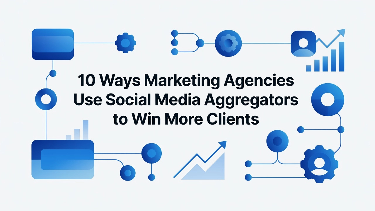 Professional header image for list-based article: 10 Ways Marketing Agencies Use Social Media Aggregators t...