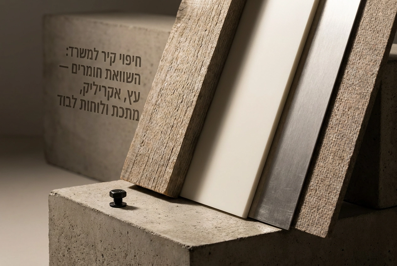 Professional header image for comparison analysis: חיפוי קיר למשרד: השוואת חומרים — עץ, אקריליק, מתכת ולוחות...