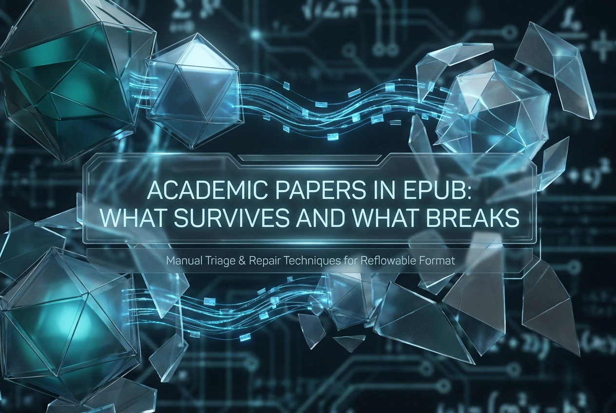 Professional header image for educational tutorial: Academic Papers in EPUB: What Survives and What Breaks