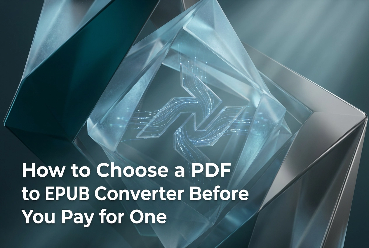 Professional header image for educational tutorial: How to Choose a PDF to EPUB Converter Before You Pay for One