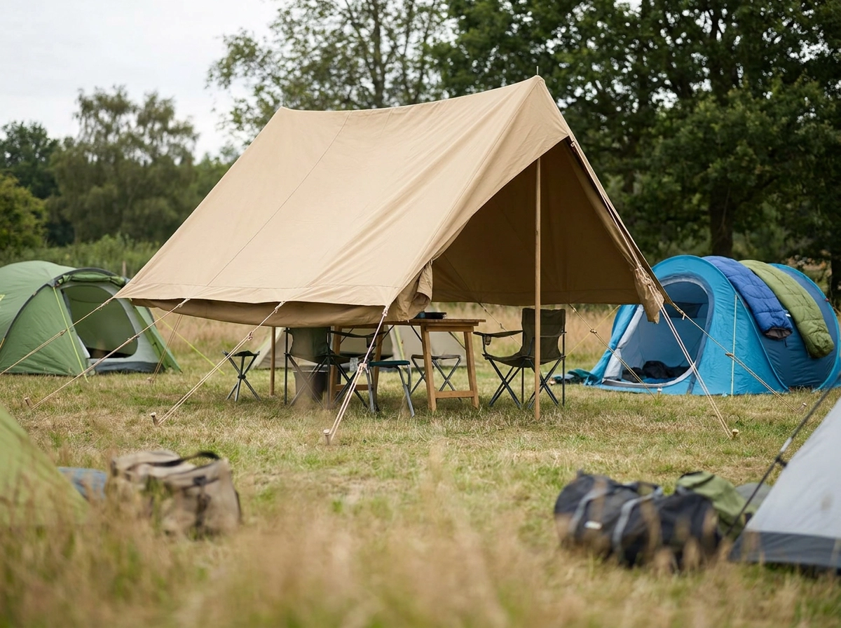 Camp-Setup für Gruppen: Pavillon, Zelt und Schlafzonen Camp-Setup für Gruppen: Pavillon, Zelt und Schlafzonen