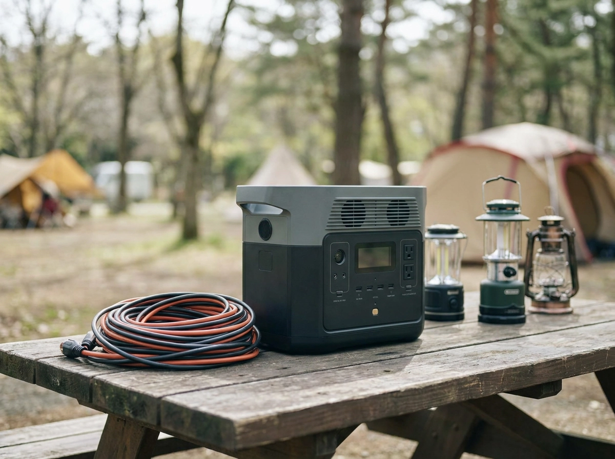 AI-generated illustration of an off-grid camping power setup