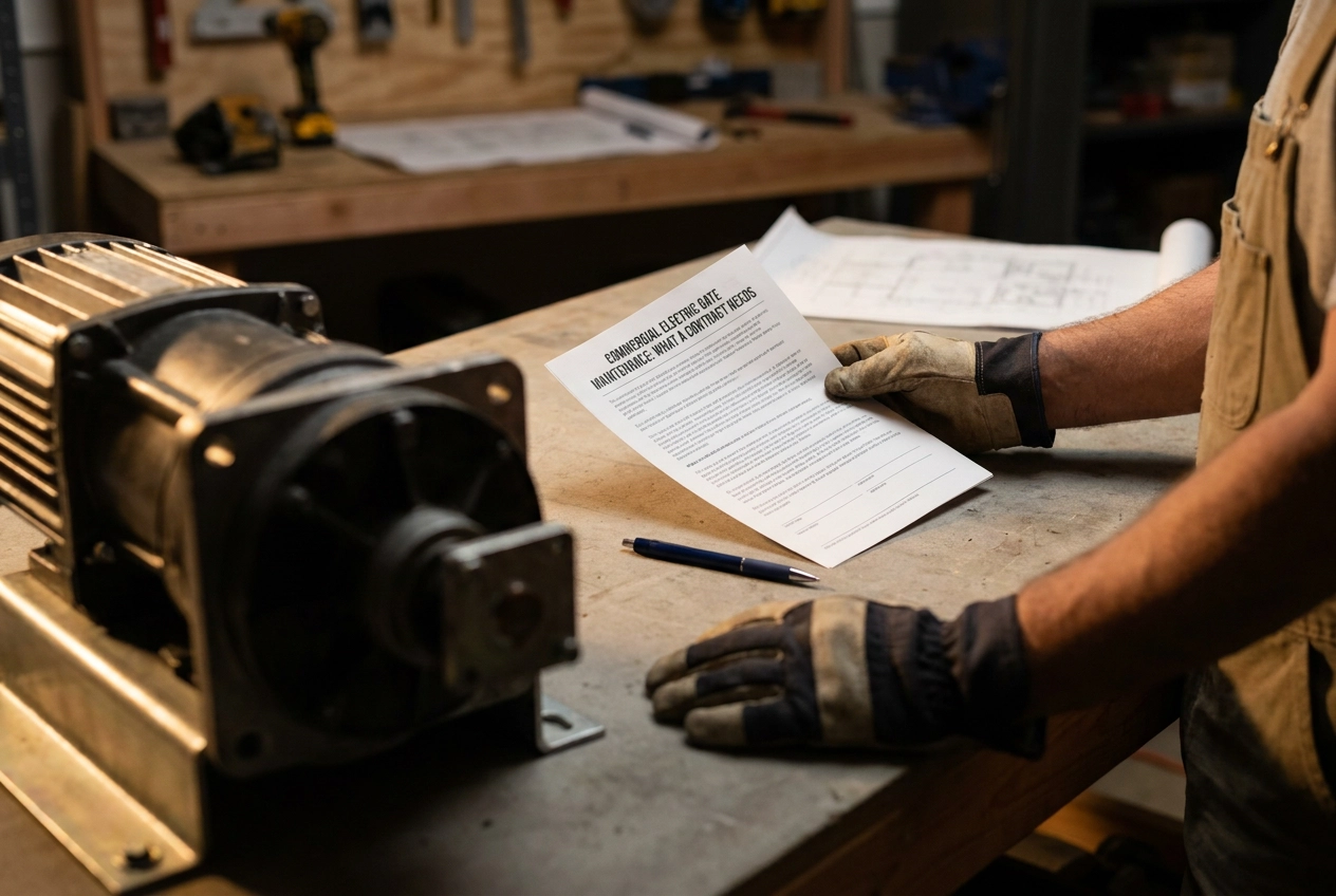 Professional header image for educational tutorial: Commercial Electric Gate Maintenance: What a Contract Needs