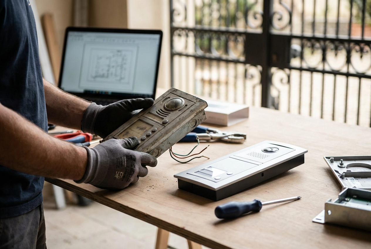 Professional header image for educational tutorial: Replacing an Outdated Gate Intercom: How to Upgrade Witho...