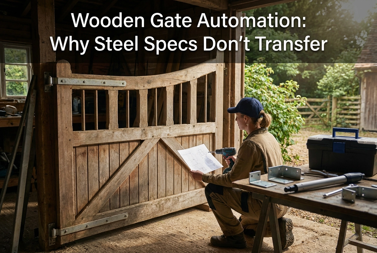Professional header image for educational tutorial: Wooden Gate Automation: Why Steel Specs Don't Transfer
