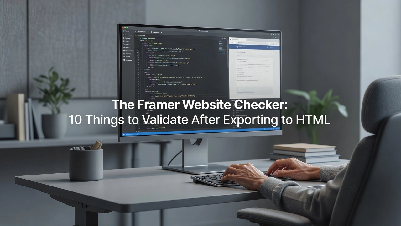 Professional header image for list-based article: The Framer Website Checker: 10 Things to Validate After E...