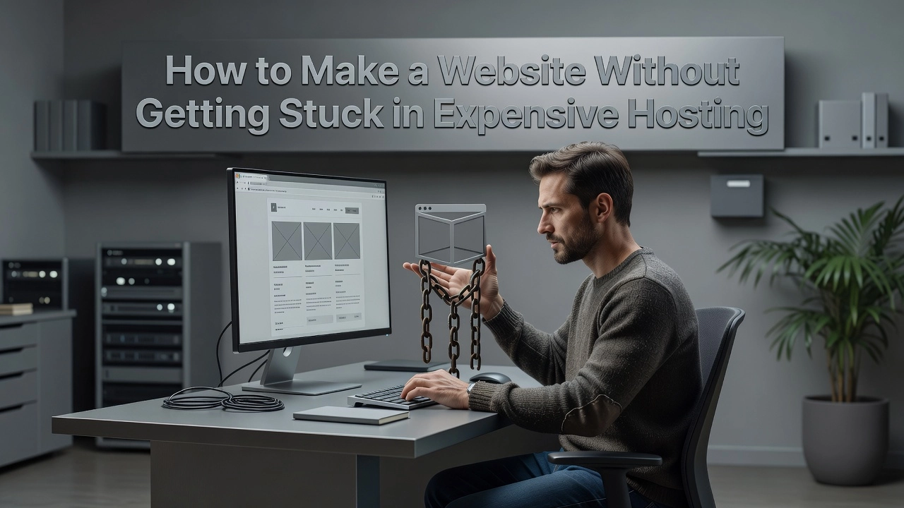 Professional header image for educational tutorial: How to Make a Website Without Getting Stuck in Expensive ...