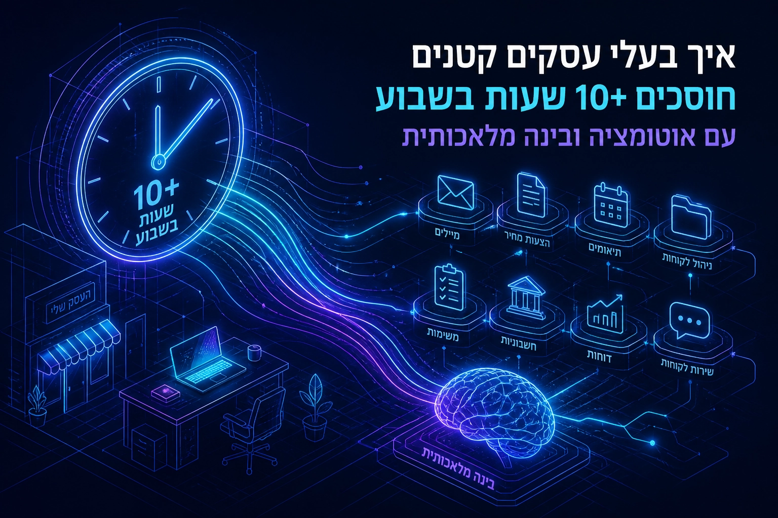 Professional header image for step-by-step guide: איך בעלי עסקים קטנים חוסכים 10+ שעות בשבוע עם אוטומציה וב...