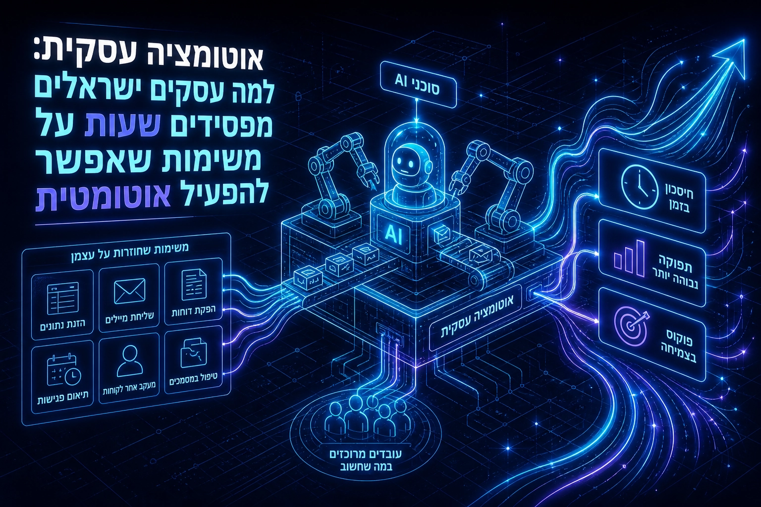Professional header image for industry analysis: אוטומציה עסקית: למה עסקים ישראלים מפסידים שעות על משימות ...