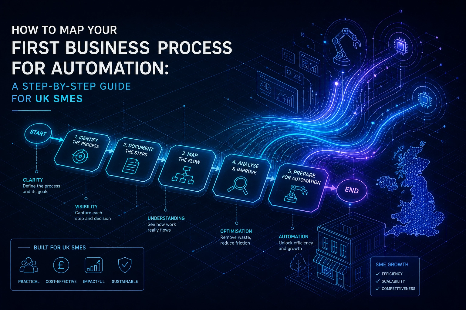 Professional header image for step-by-step guide: How to Map Your First Business Process for Automation: A ...