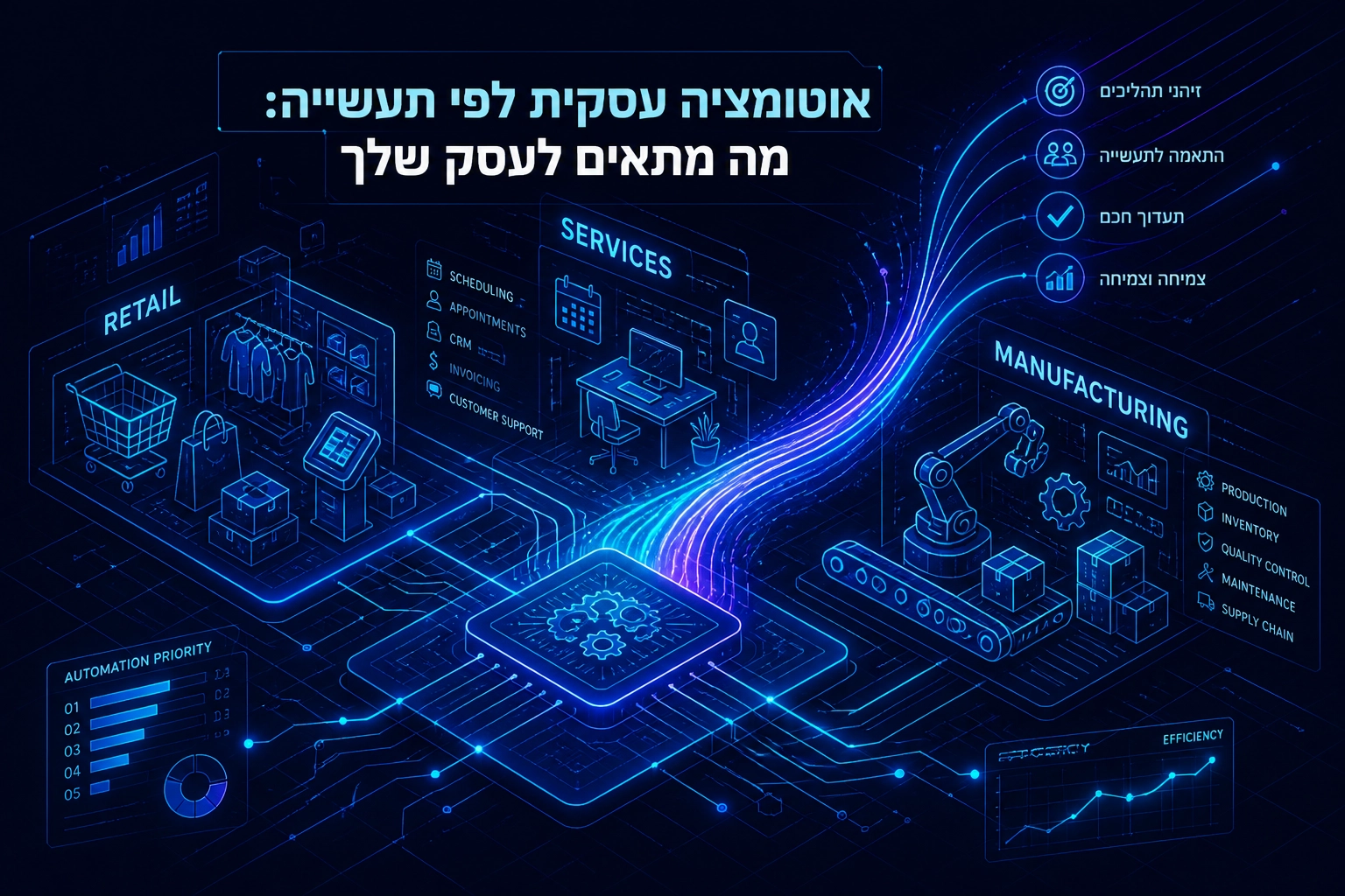 Professional header image for list-based article: אוטומציה עסקית לפי תעשייה: מה מתאים לעסק שלך