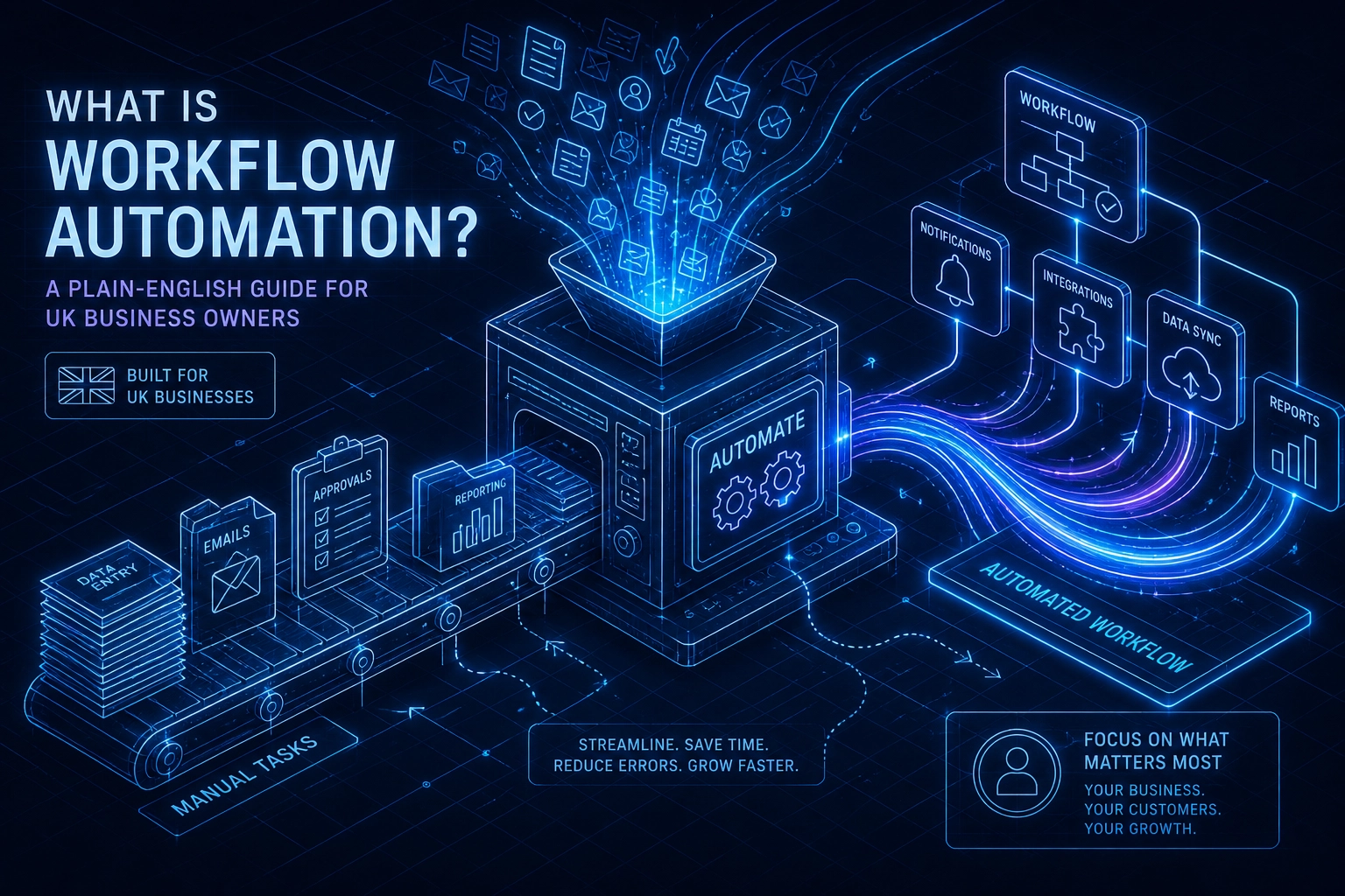Professional header image for educational tutorial: What Is Workflow Automation? A Plain-English Guide for UK...