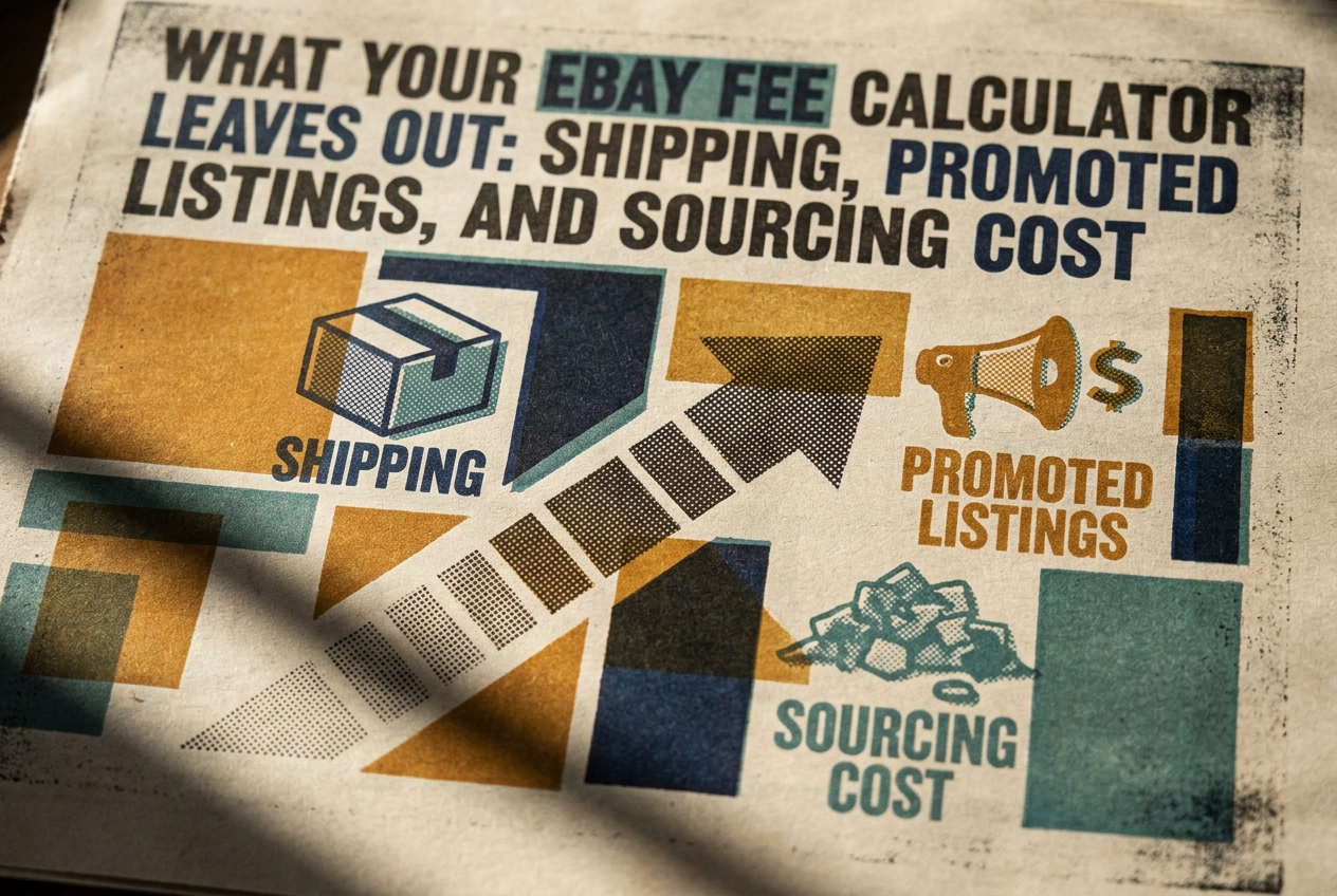 Professional header image for educational tutorial: What Your eBay Fee Calculator Leaves Out: Shipping, Promo...