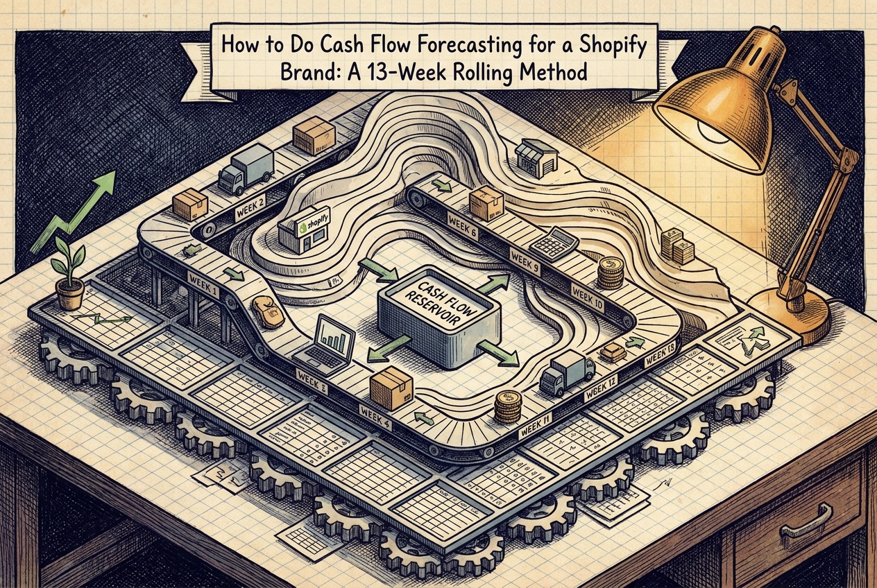 Professional header image for educational tutorial: How to Do Cash Flow Forecasting for a Shopify Brand: A 13...