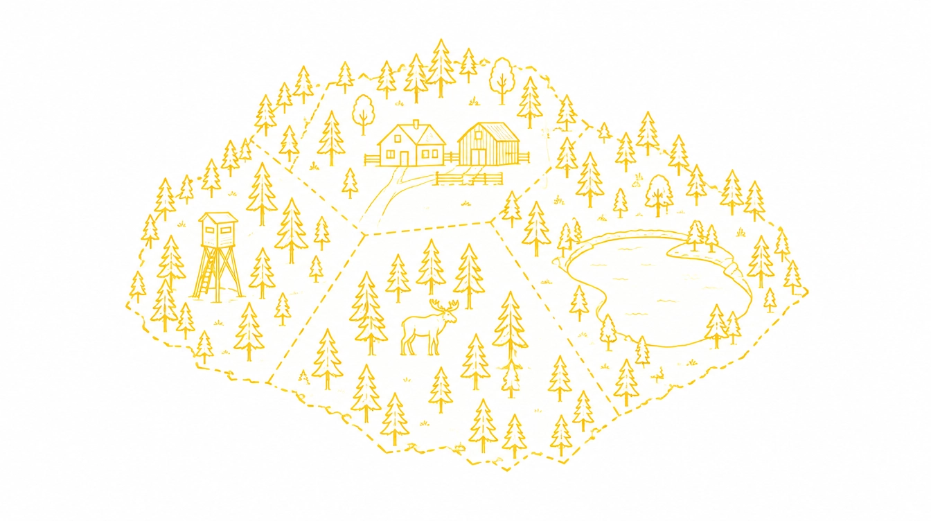 Strichzeichnung: Karte eines Waldgebiets mit gestrichelten Grundstücksgrenzen, Hof mit Scheune, Hochsitz am Waldrand, Elch zwischen Fichten und ein kleiner See