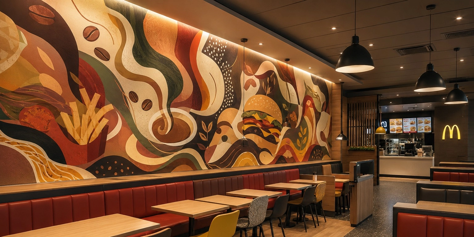 UV wall printing machine applying colorful mural directly onto a white interior wall in a UK commercial space