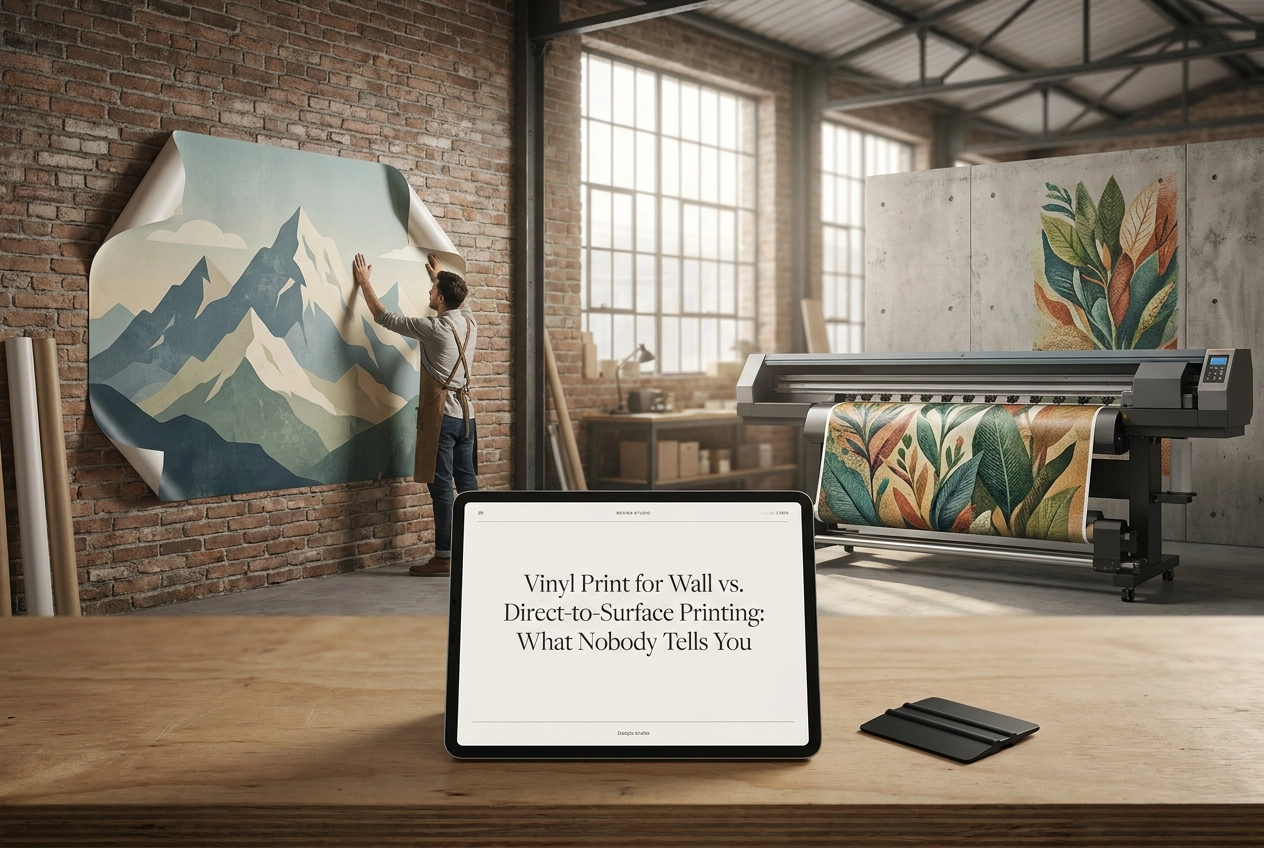 Professional header image for comparison analysis: Vinyl Print for Wall vs. Direct-to-Surface Printing: What...