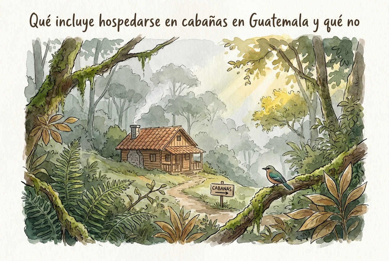 Professional header image for educational tutorial: Qué incluye hospedarse en cabañas en Guatemala y qué no