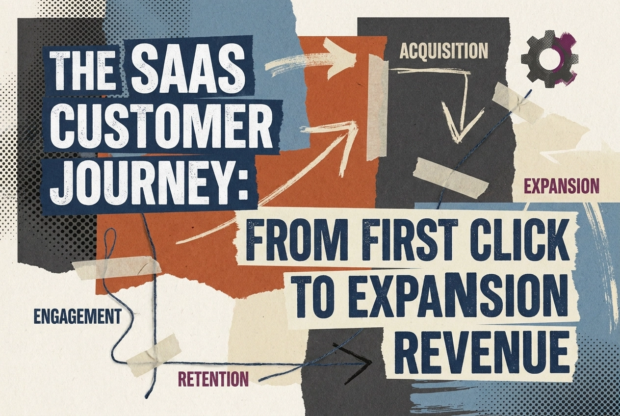 Professional header image for educational tutorial: The SaaS Customer Journey: From First Click to Expansion ...