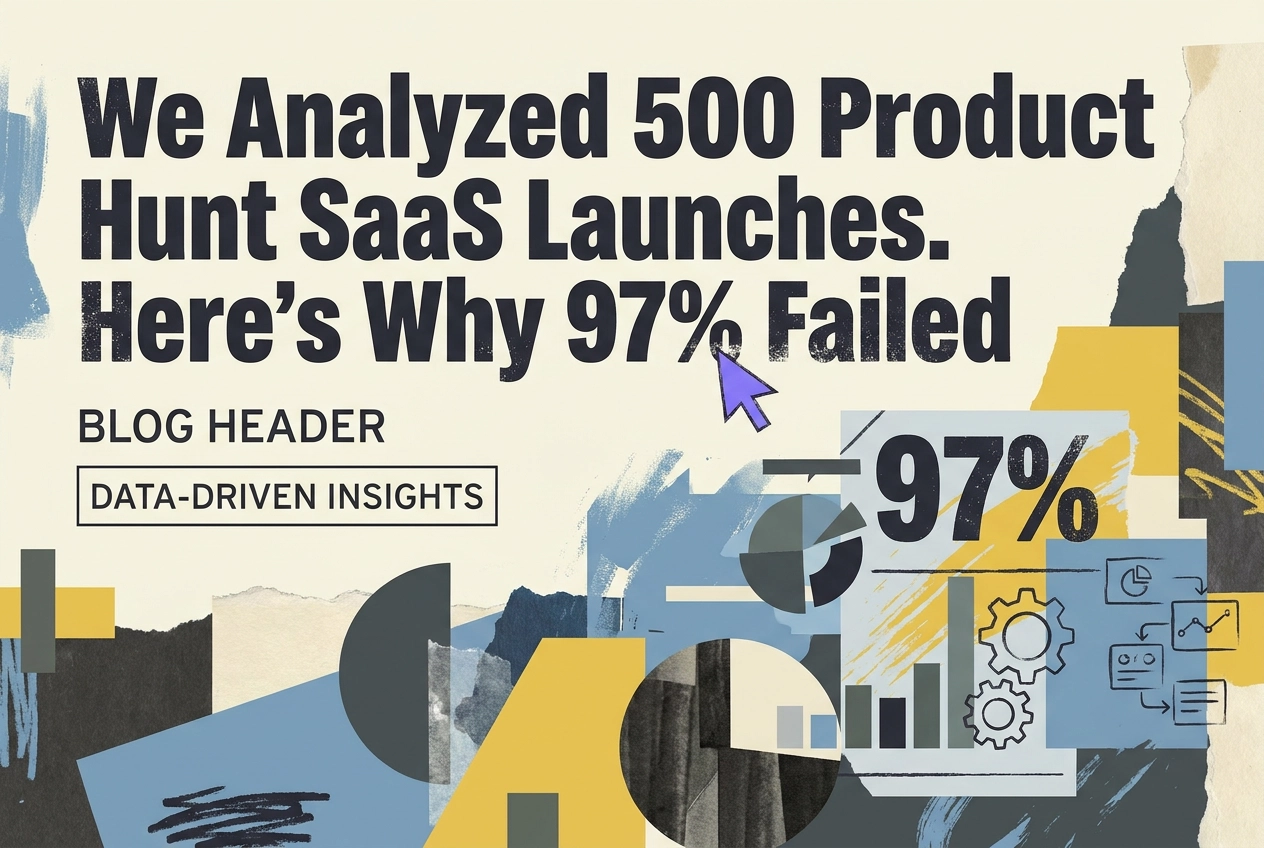 Professional header image for industry analysis: We Analyzed 500 Product Hunt SaaS Launches. Here's Why 97...