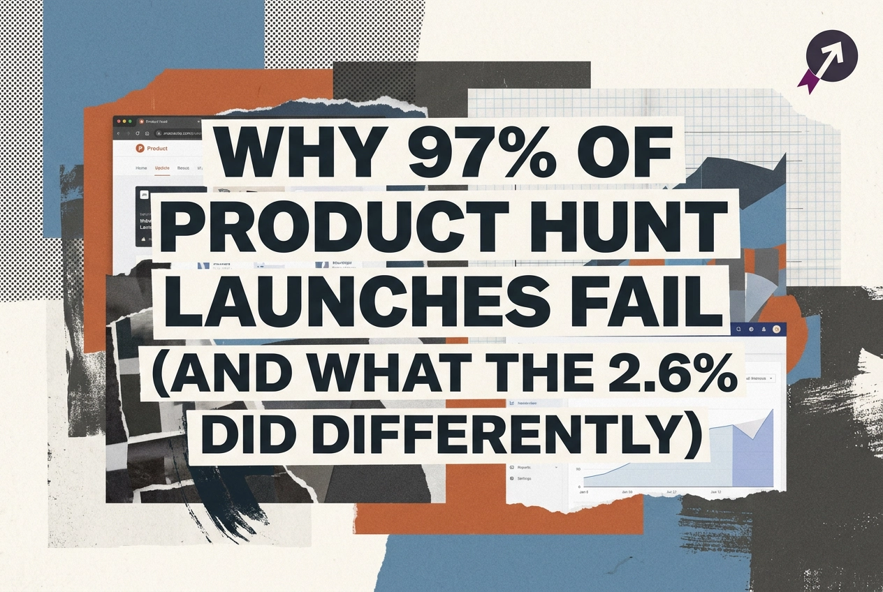 Professional header image for industry analysis: Why 97% of Product Hunt Launches Fail (And What the 2.6% ...