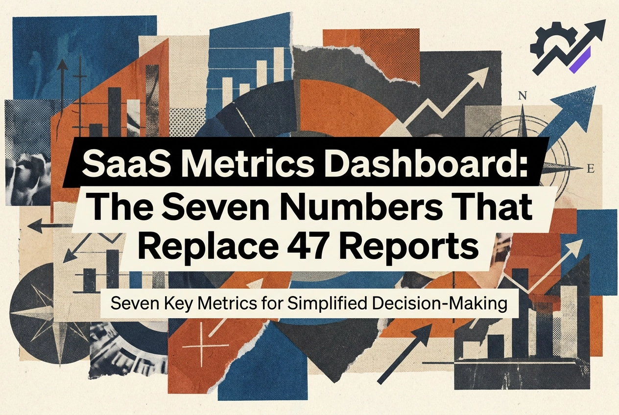 Professional header image for educational tutorial: SaaS Metrics Dashboard: The Seven Numbers That Replace 47...