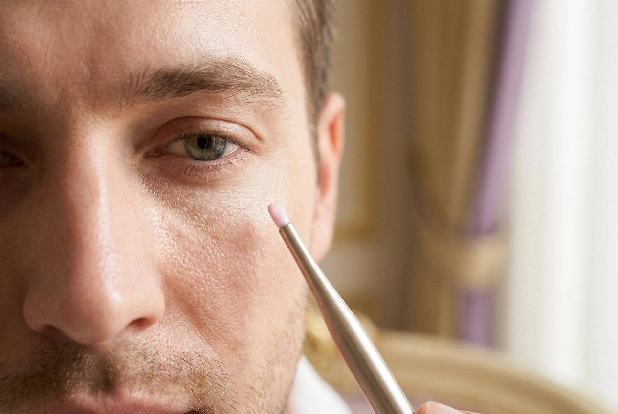 Professional header image for educational tutorial: Gesichtsbehandlung für Männer in Düsseldorf: Warum Hautpf...