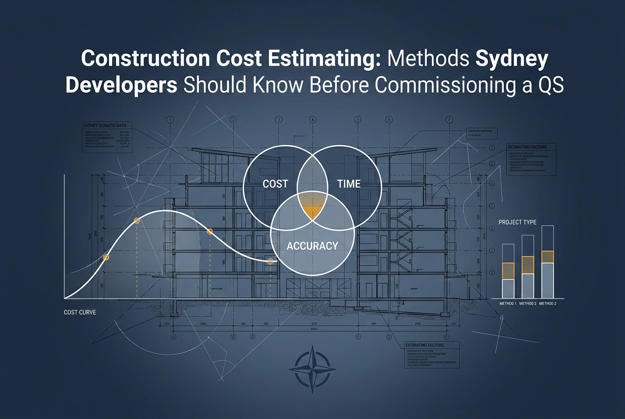 Professional header image for educational tutorial: Construction Cost Estimating: Methods Sydney Developers S...