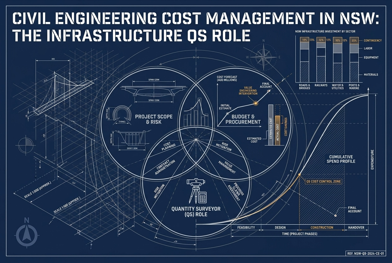 Professional header image for industry analysis: Civil Engineering Cost Management in NSW: The Infrastruct...