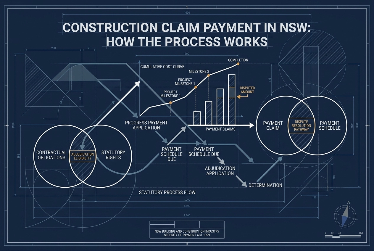 Professional header image for educational tutorial: Construction Claim Payment in NSW: How the Process Works