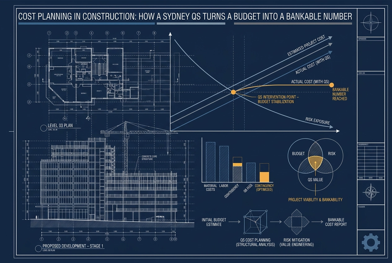 Professional header image for educational tutorial: Cost Planning in Construction: How a Sydney QS Turns a Bu...