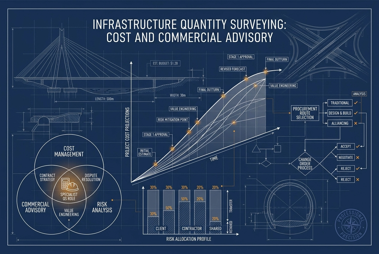 Professional header image for industry analysis: Infrastructure Quantity Surveying: Cost and Commercial Ad...