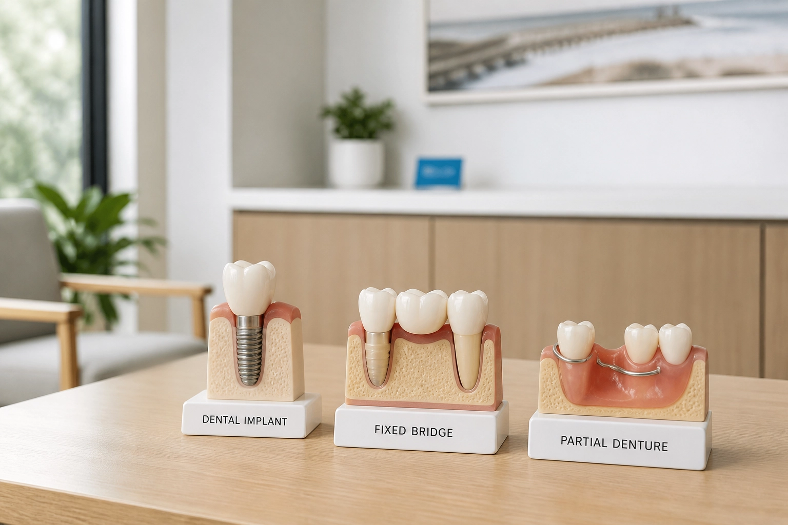 Professional header image for comparison analysis: Dental Implant vs Bridge vs Partial Denture in Wilmington