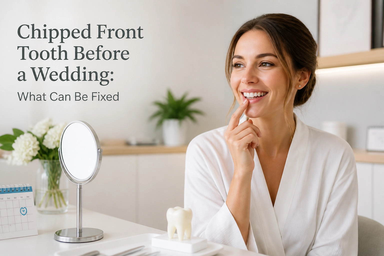 Professional header image for educational tutorial: Chipped Front Tooth Before a Wedding: What Can Be Fixed