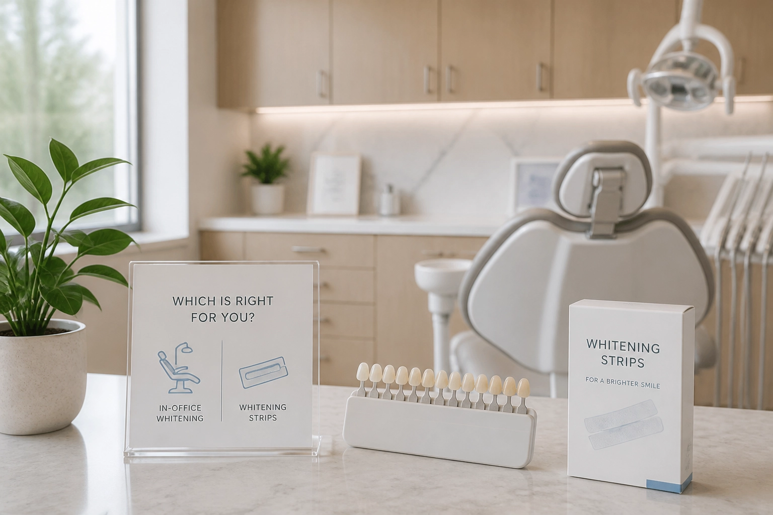 Professional header image for comparison analysis: Do Whitening Strips Work as Well as In-Office Whitening?