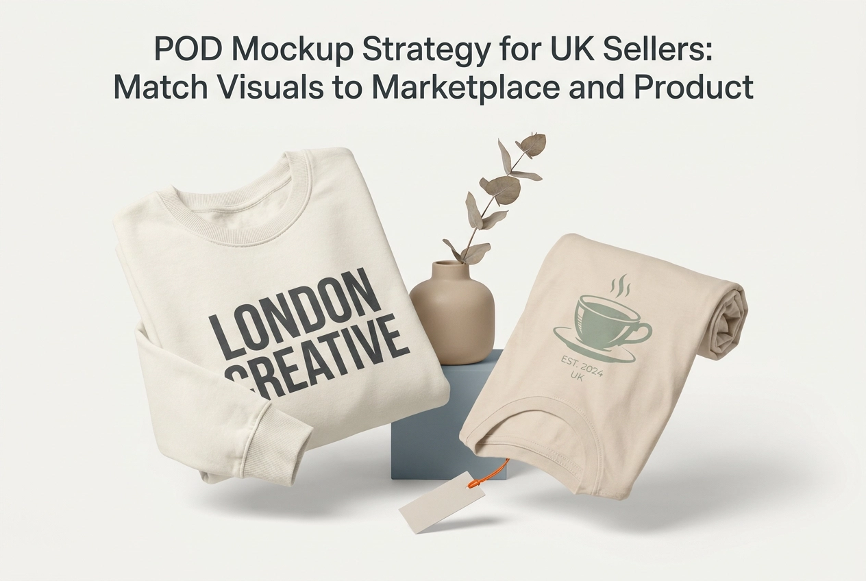 Professional header image for industry analysis: POD Mockup Strategy for UK Sellers: Match Visuals to Mark...