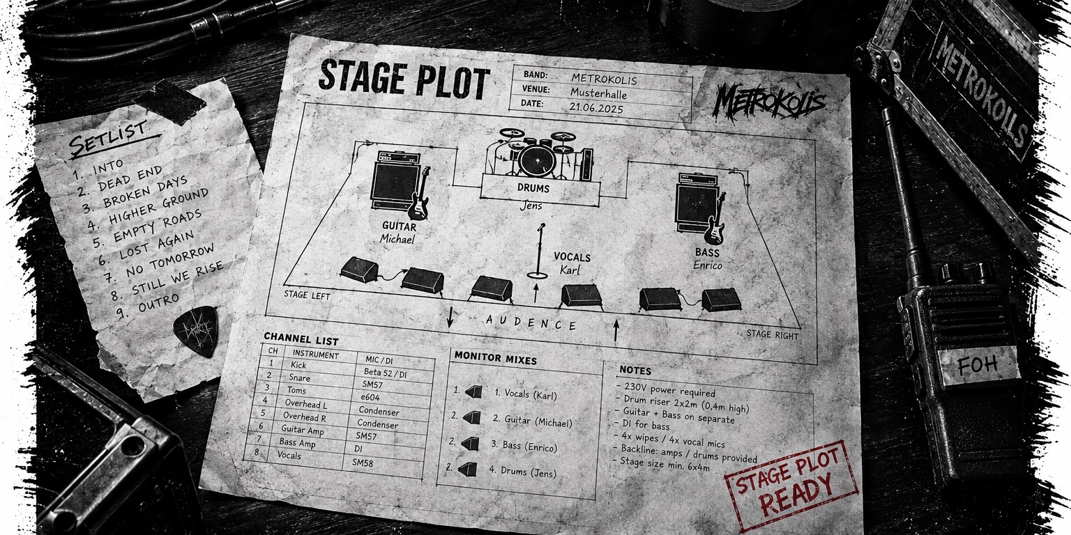 Example stage plot diagram showing band member positions, instrument placement, microphone locations, and monitor setup on stage layout