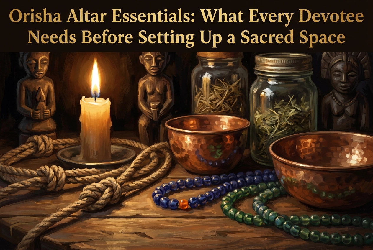 Professional header image for educational tutorial: Orisha Altar Essentials: What Every Devotee Needs Before ...