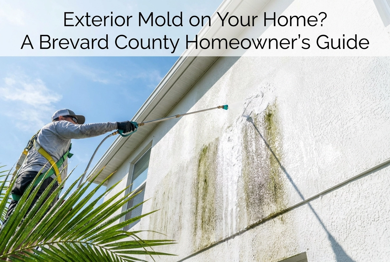 Professional header image for educational tutorial: Exterior Mold on Your Home? A Brevard County Homeowner's ...
