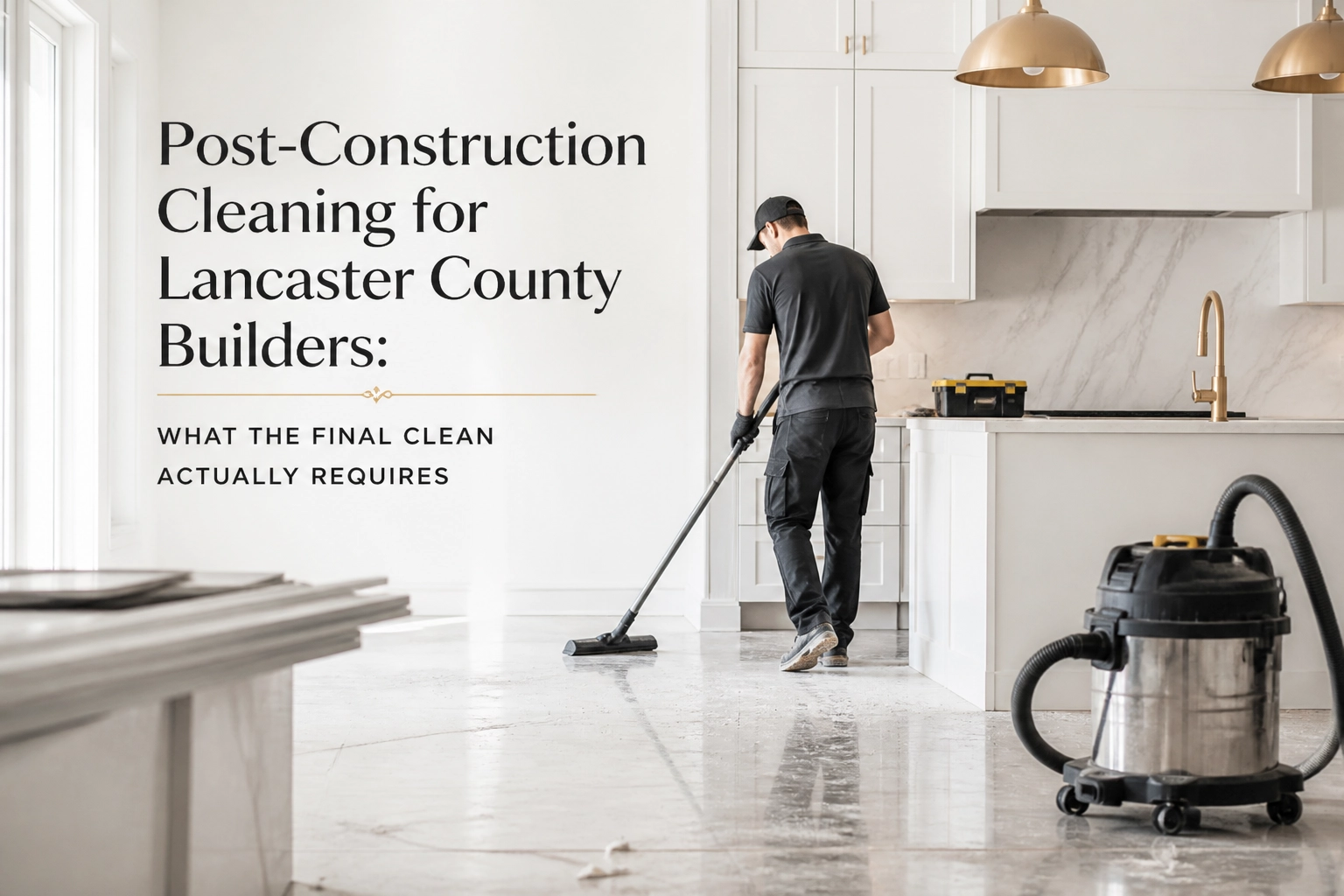 Professional header image for educational tutorial: Post-Construction Cleaning for Lancaster County Builders:...
