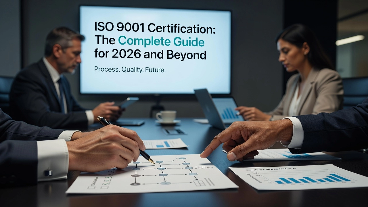 Professional header image for educational tutorial: ISO 9001 Certification: The Complete Guide for 2026 and B...