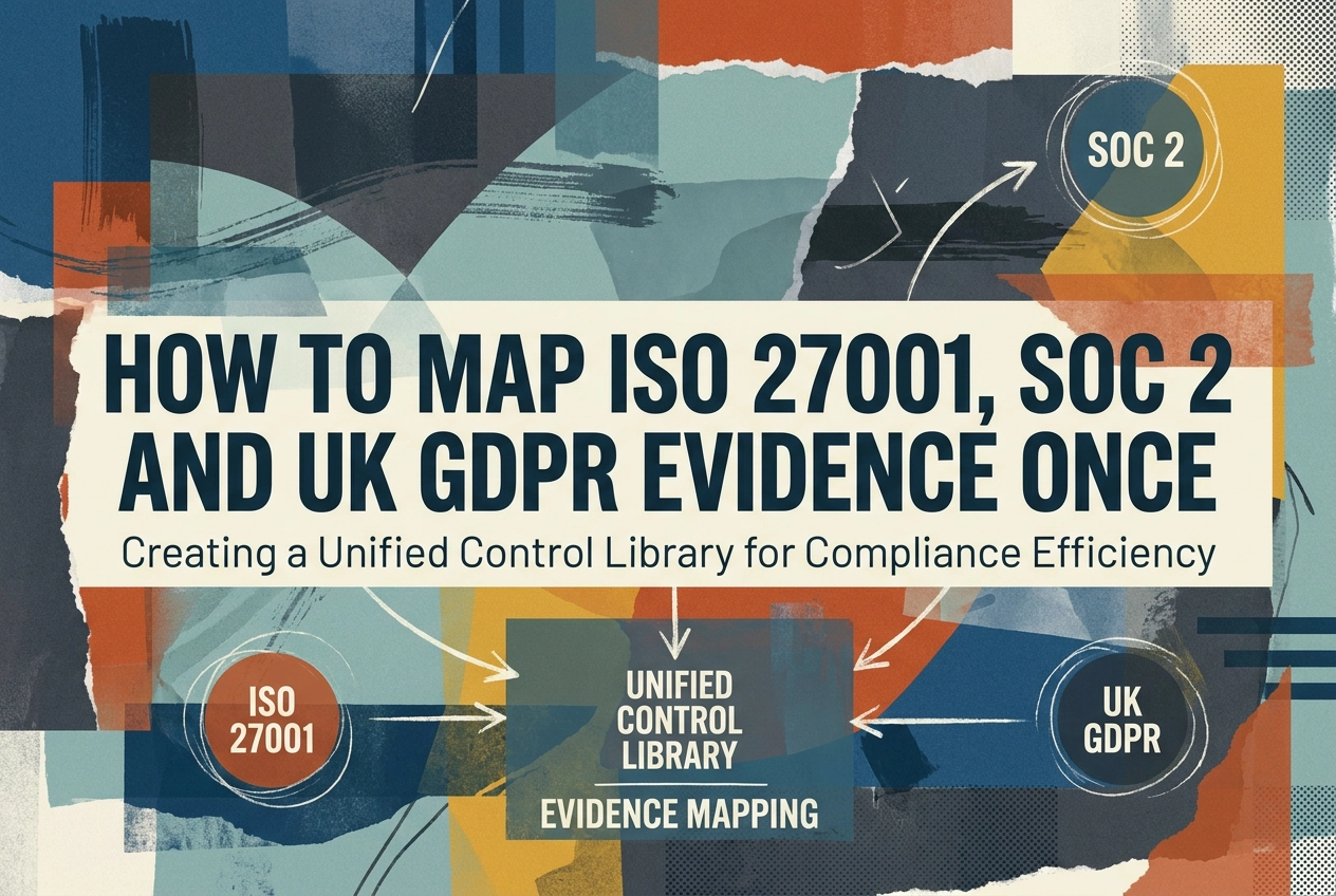 Professional header image for educational tutorial: How to Map ISO 27001, SOC 2 and UK GDPR Evidence Once