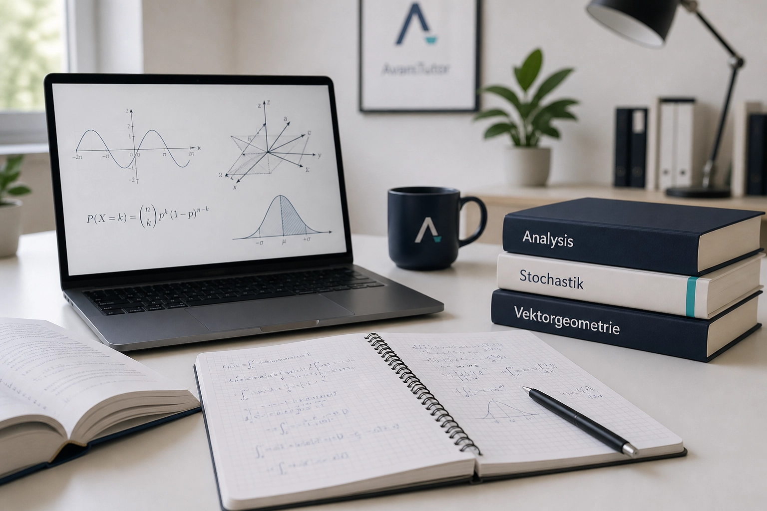 Professional header image for educational tutorial: Mathe Oberstufe verstehen: Analysis, Stochastik, Vektoren