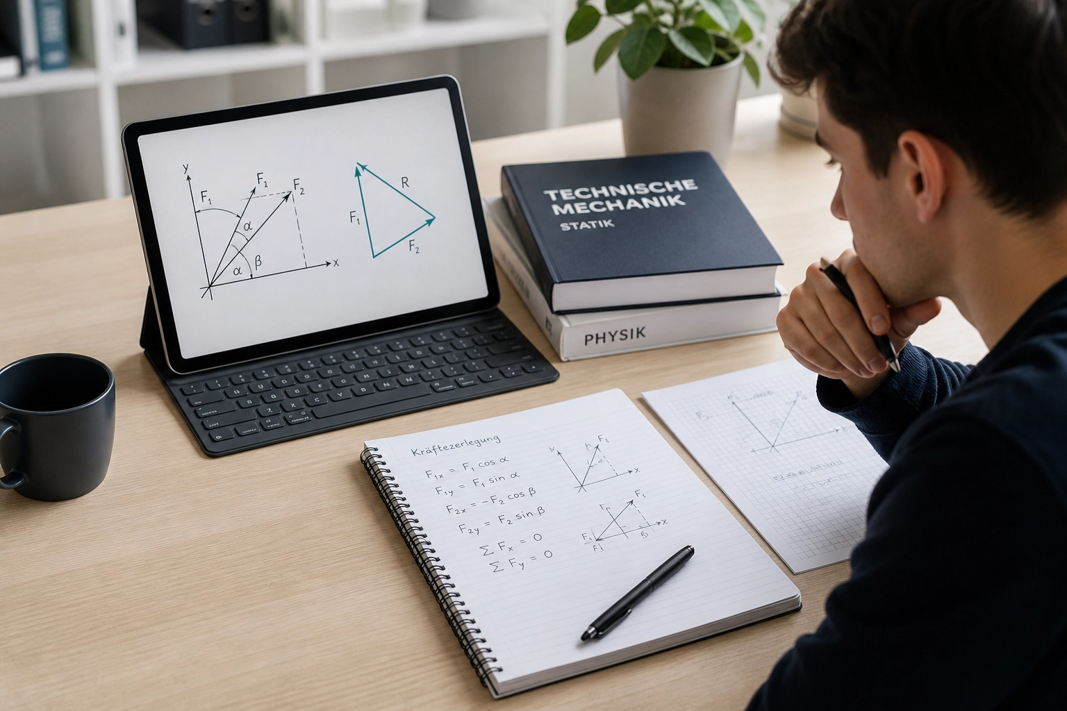 Professional header image for educational tutorial: Kräftezerlegung und Kräftedreieck: Hier scheitern viele