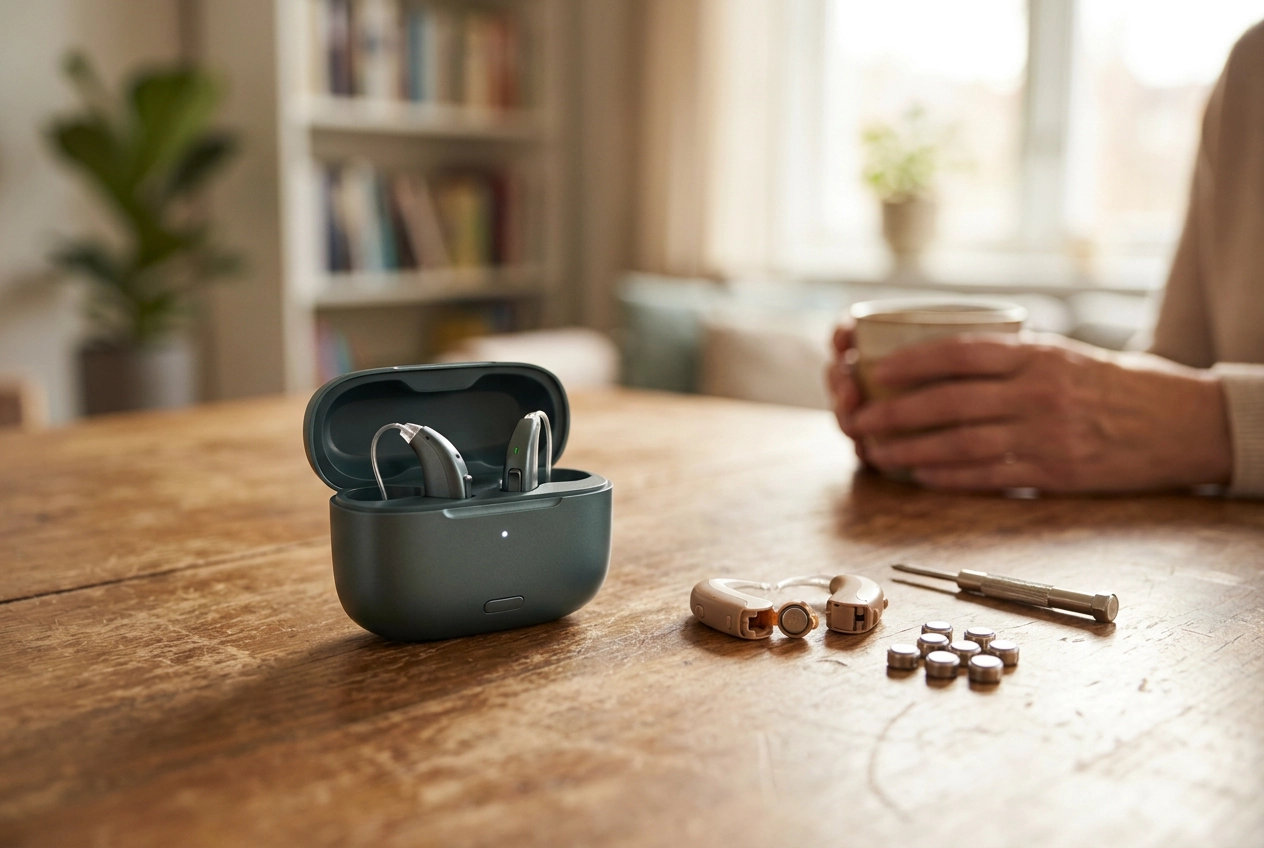 Professional header image for informative article: Rechargeable or Battery Hearing Aids: Thinking Through Po...