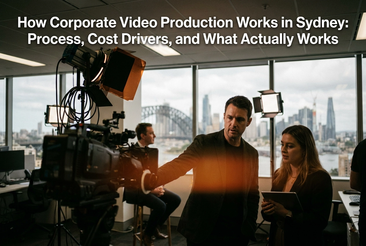 Professional header image for educational tutorial: How Corporate Video Production Works in Sydney: Process, ...