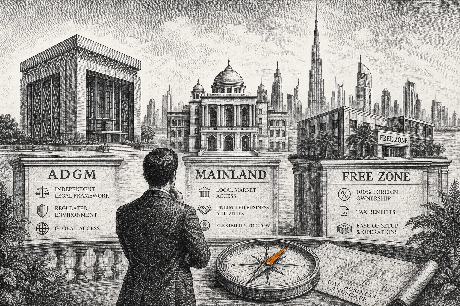Professional header image for comparison analysis: ADGM vs Mainland vs Free Zone: Which UAE Entity Structure...