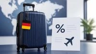Koffer mit deutscher Flagge neben einem Dokument mit Prozentzeichen und Flugzeug-Symbol