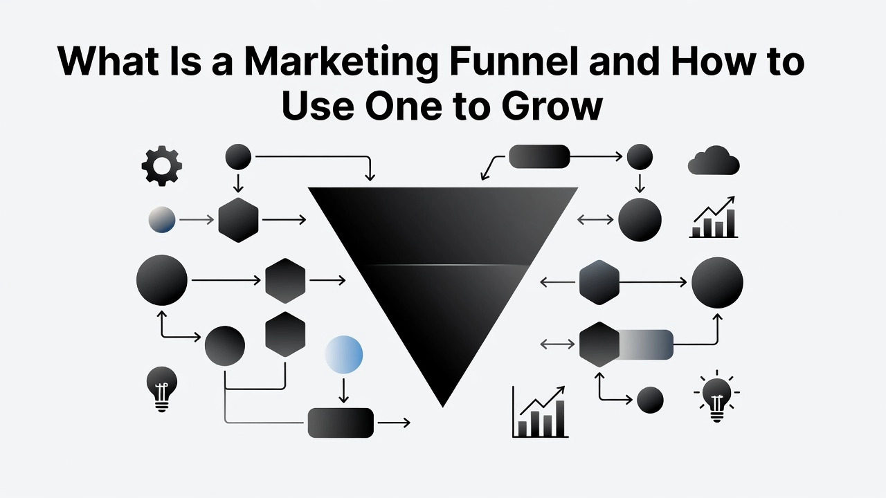 Professional header image for educational tutorial: What Is a Marketing Funnel and How to Use One to Grow